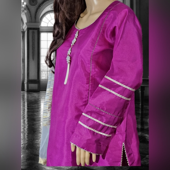 Pakistani Indian salwar kameez/ 3 peice salwar kameez suit/ China Raw Silk shirt - Picture 6 of 8